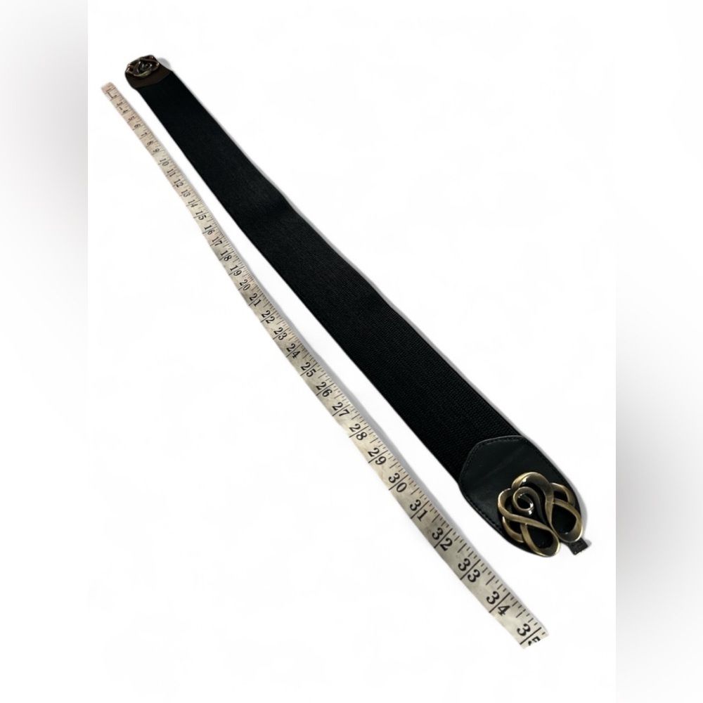 Wide Black Stretch Front Clip Belt Brushed Gold Accent Buckle Size Large - Picture 9 of 12